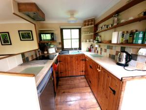 a large kitchen with wooden cabinets and a window at Y Caban at Wig Farm near Llangrannog in Llandysul