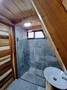 a bathroom with a shower and a sink at Arce Cabañas Mazamitla in Mazamitla
