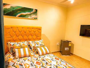 1 dormitorio con 1 cama y TV en Maryluxe Stays 6Bd villa, West hills, Accra Ghana, en Foso