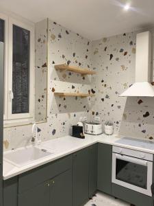 eine Küche mit Spüle und eine Wand mit Felsen in der Unterkunft Nîmes Appartement de charme Terracotta in Nîmes