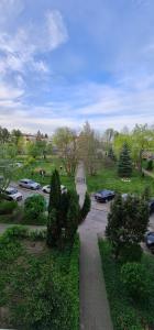 a park with cars parked in a parking lot at Apartament Sosnowiec in Sosnowiec