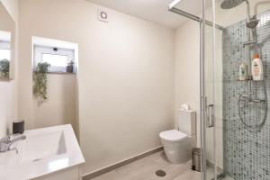 ein Bad mit einer Dusche, einem Waschbecken und einem WC in der Unterkunft Casa da Varanda in Carralcova