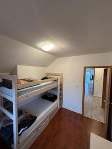 Prostorno in prijetno stanovanje في سمارجيسك توبليس: غرفة بسريرين بطابقين في غرفة
