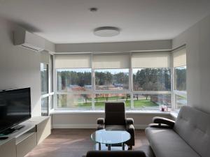 uma sala de estar com um sofá, uma mesa e janelas em Eliana Apartments em Druskininkai