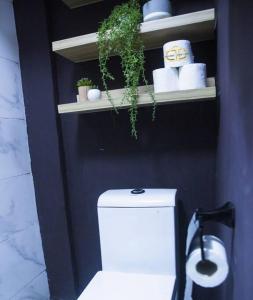 a bathroom with a white toilet and shelves with plants at Appartement Cosy et Chic - Ahala in Yaoundé