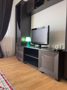 Una sala de estar con un televisor de pantalla plana en un centro de entretenimiento. en Horizon Apartment, en Timisoara 45 fotos más