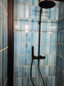 um chuveiro na casa de banho com paredes em azulejos azuis em Maison avec vue sur la vallée d'Asse em Saint-Julien-dʼAsse