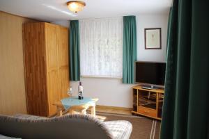 a living room with a television and a table at Ferienwohnung Karwendelblick in Mittenwald