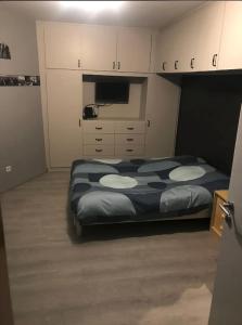 een slaapkamer met een bed en een televisie. bij Logement avec piscine in Brunstatt