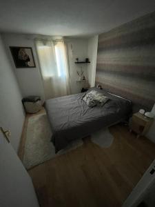 ein kleines Schlafzimmer mit einem Bett und einem Fenster in der Unterkunft Cosy appartement - Evry in Évry-les-Châteaux