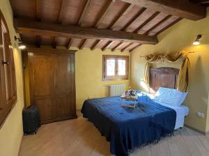 Agriturismo Podere le Tombe في بالايا: غرفة نوم بسرير من الشراشف الزرقاء وسقف خشبي