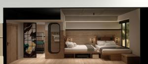 a bedroom with two beds and a mirror at Moxy Miami Wynwood in Miami