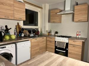 uma cozinha com um fogão e uma máquina de lavar louça em Mini hotel with home facilities in Hamilton West em High Blantyre