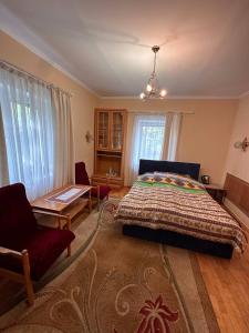 a bedroom with a bed and a table and a chair at Роксолана in Truskavets