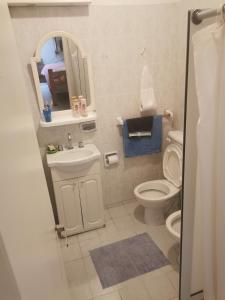 uma casa de banho com um WC, um lavatório e um espelho. em Cuarto privado separado de la casa principal y con entrada independiente em Corrientes
