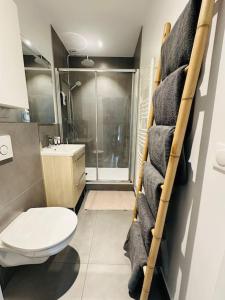 La salle de bains est pourvue de toilettes et d'un sèche-serviettes. dans l'établissement « Maison Sauge » et son jardin, à Deauville
