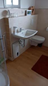 a bathroom with a sink and a toilet at Landhaus Westrich in Walldürn +10 photos