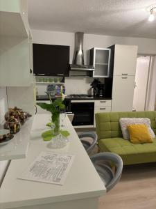 une cuisine avec une table et un canapé vert dans l'établissement Apartman Edina, à Rijeka