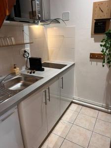 eine kleine weiße Küche mit einer Spüle und einer Mikrowelle in der Unterkunft Studio duplex Hypercentre au calme avec parking in Fontainebleau
