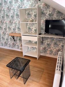 ein Wohnzimmer mit einem TV und einem Bücherregal in der Unterkunft Studio duplex Hypercentre au calme avec parking in Fontainebleau