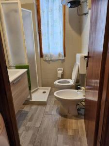 een kleine badkamer met een toilet en een wastafel bij Casa vacanza a Forno di Valstrona con terrazzo e giardino in Strona