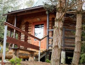 Cabaña de madera con puerta roja junto a un árbol en Котедж 4Сезони en Slavske