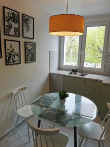 cocina con mesa de cristal, sillas y fregadero en Lemon Tree Apartment en Breslavia