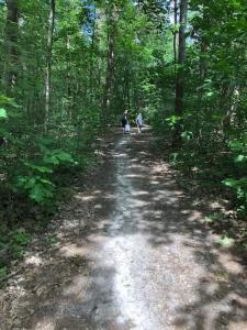 dos personas caminando por un camino de tierra en el bosque en Vakantie Bos Huisje “Meibloempje”, en Lanaken