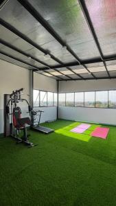 Zimmer mit einem Fitnessraum mit grünem Teppich und einem Laufband in der Unterkunft AJ BOUTIQUE HOTEL in Yogyakarta