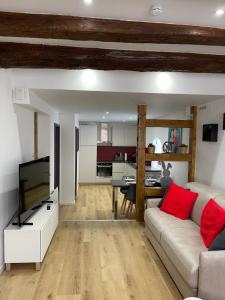 ein Wohnzimmer mit einem Sofa und einem TV in der Unterkunft Bienvenue au Cœur d’Alsace-centre Obernai -4 pers in Obernai