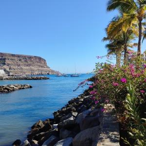 a beach with flowers and palm trees and the water at Mondragón in Puerto de Mogán