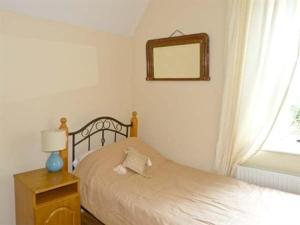 BallymoteにあるThe Gardener's Cottageのベッドルーム1室(ベッド1台、壁掛け鏡付)