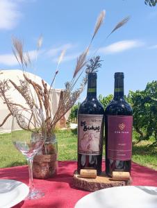 dos botellas de vino sentadas en una mesa con una copa en Entre racimos, glamping entre viñedos en Luján de Cuyo