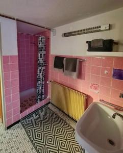 a pink bathroom with a tub and a sink at Idyllische kleine Ferienwohnung im Schwarzwald in Friedenweiler