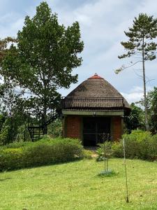 um pequeno edifício de tijolos com um telhado num campo em Mpanga Nature Center em Mpigi