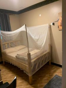 - une chambre avec un lit recouvert d'une moustiquaire dans l'établissement Mpanga Nature Center, à Mpigi