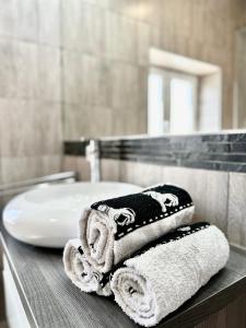 - une salle de bains avec des serviettes sur un comptoir à côté d'un lavabo dans l'établissement Maribor Central Apartment (Garden + Free Parking), à Maribor