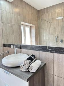 ein Bad mit einem Waschbecken und einem Spiegel in der Unterkunft Maribor Central Apartment (Garden + Free Parking) in Maribor