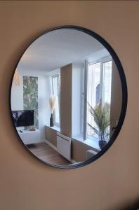 穆松橋的住宿－New jungle studio cœur de ville，圆形镜子,反映出一个带电视的客厅