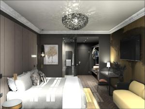 a bedroom with a large white bed and a chandelier at Hotel Fürstenhof Boutique Leipzig in Leipzig