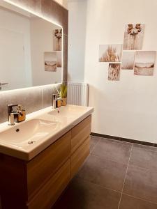 a bathroom with a sink and a mirror at Wellness-mit-Stil in Schwerte