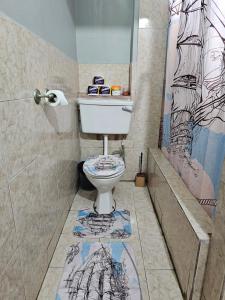 uma casa de banho com um WC e um chuveiro em In-flight Suites - Perfect for Layovers 6Mins from the Airport em Piarco