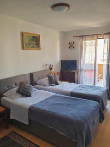 two beds sitting in a bedroom with a couch at Animari Apartments in Stari Grad