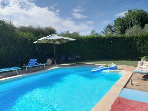 a swimming pool with an umbrella and an inflatable at Casale I Pioppi in Vitorchiano