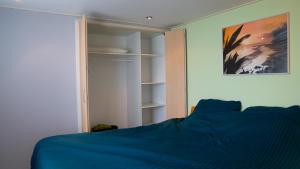 Un dormitorio con una cama azul y un estante de libros en Wad'N Huis en Westerland