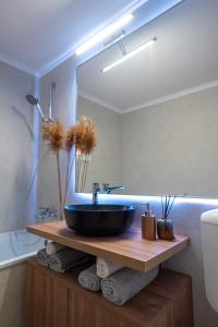 a bathroom with a sink and a mirror at Poetic Apartment Vaslui in Vaslui