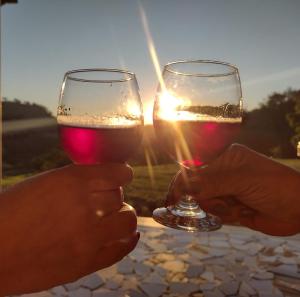 dos personas sosteniendo copas de vino frente a la puesta de sol en Chalés Recanto das Flores en Bueno Brandão