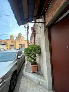 Un coche aparcado junto a una casa con una planta en maceta. en Tbilisi Trinity Apartment, en Tiflis