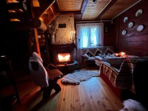 Domek Nowy Lubiel في Lubiel Stary: غرفة معيشة مع أريكة ومدفأة