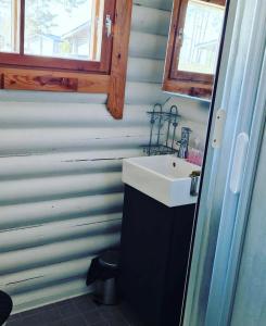a bathroom with a sink and a toilet at Bastöstugby stuga 16 in Pålsböle